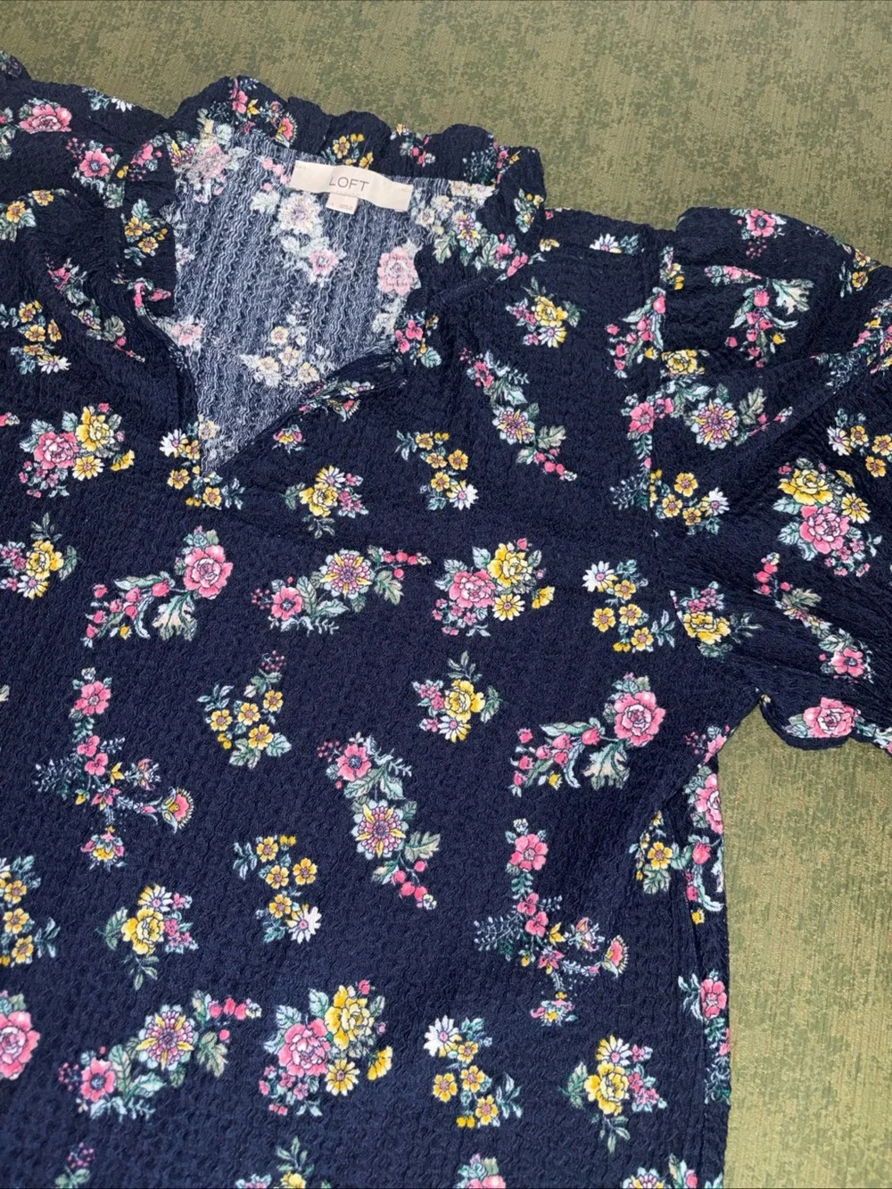 LOFT Navy Floral Smocked Top with Puff Sleeves